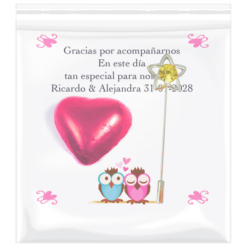 Spilla da sposa con biglietto personalizzato e cuore di cioccolato