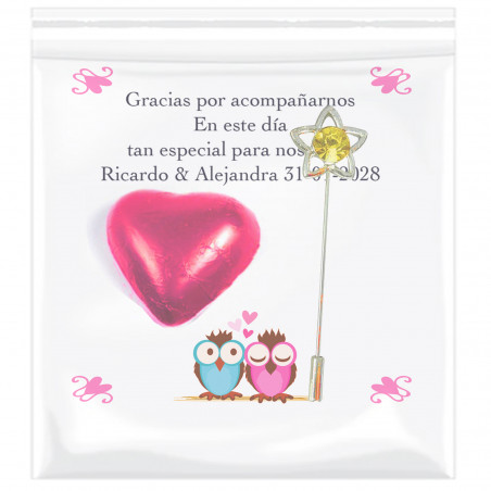 Spilla da sposa con biglietto personalizzato e cuore di cioccolato