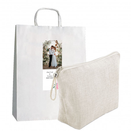 Beauty case da donna bianco con sacchetto regalo e adesivo personalizzabile con testo e foto