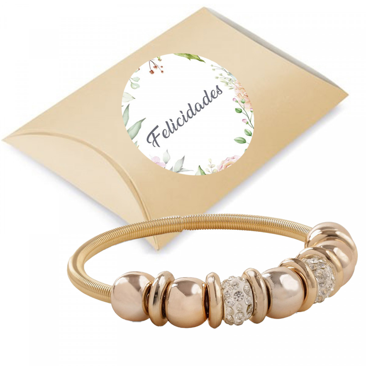 Bracciale da donna in oro con perline presentato in una scatola di cartone e adesivo personalizzato con immagine