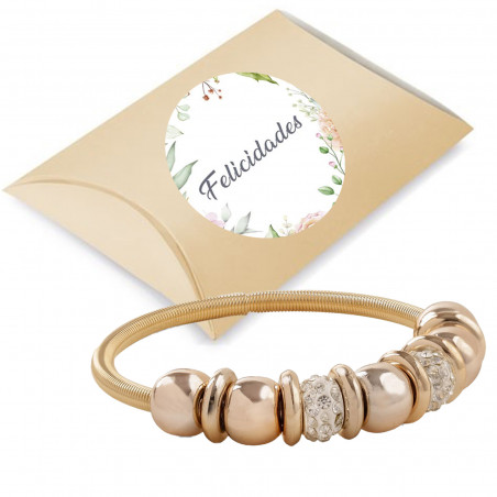 Bracciale da donna in oro con perline presentato in una scatola di cartone e adesivo personalizzato con immagine