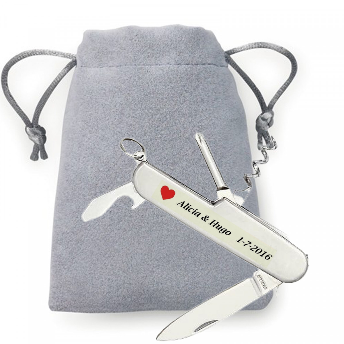 Coltellino svizzero per regali per eventi presentati in una borsa in pelle scamosciata personalizzata
