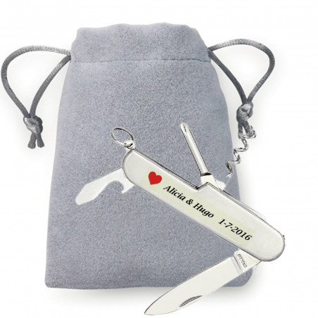 Coltellino svizzero per regali per eventi presentati in una borsa in pelle scamosciata personalizzata
