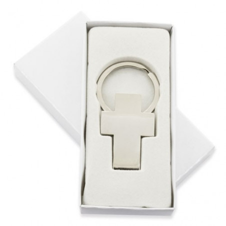 Portachiavi croce comunione in scatola bianca con adesivo personalizzato