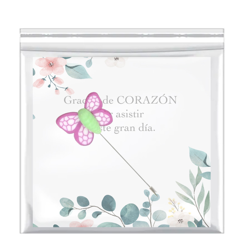 Spilla personalizzata a forma di bigliettino e farfalla