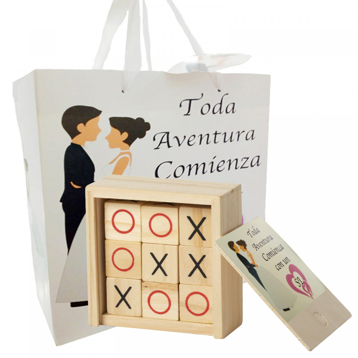 Tre in linea legno con sacchetto regalo e adesivo per matrimoni