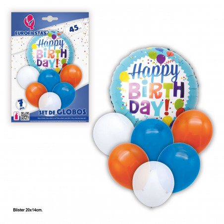 Set palloni happy birthday blu arancione