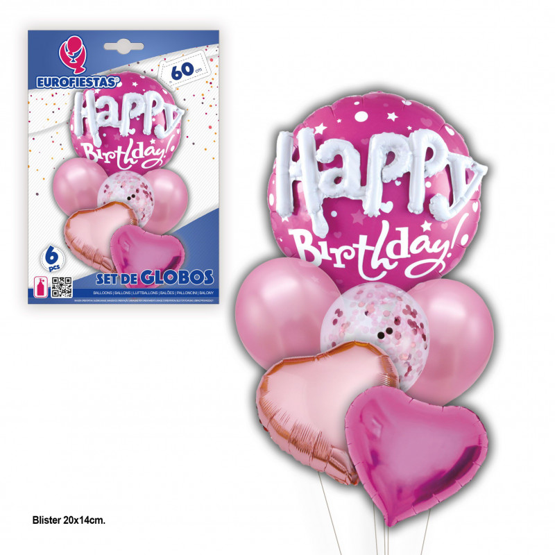 Set palloncini happy birthday cuori fucsia