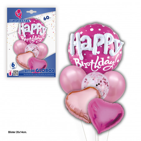 Set palloncini happy birthday cuori fucsia