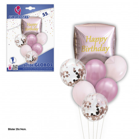 Palloncini di buon compleanno impostati cubo in oro rosa