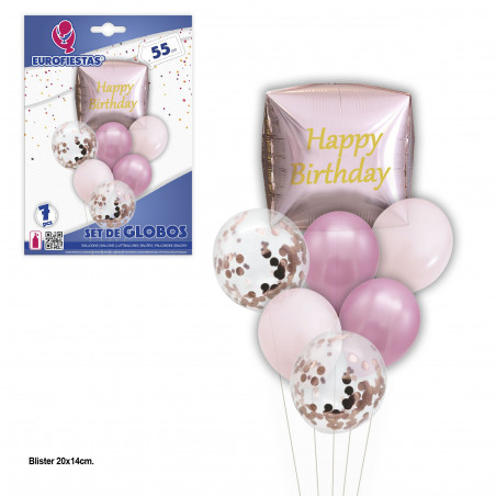 Set palloncini happy birthday cubo oro rosa