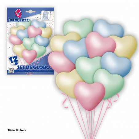Set di 12 palloncini a forma di cuore color pastello