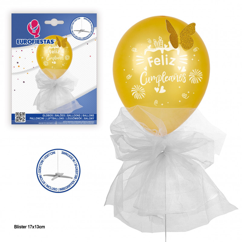 "Globo felice compleanno con piede farfalla e tulle oro."