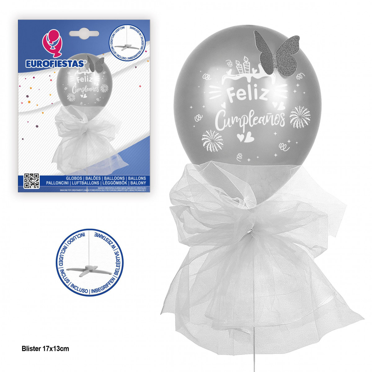 "Globo felice compleanno con piede farfalla e tulle argento"