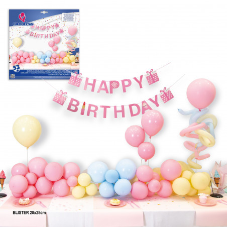 Set di 53 palloni color pastello, ghirlanda "happy birthday" e 2 alberi.