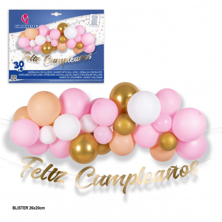 Set di 30 palloni rosa e oro con ghirlanda "Buon Compleanno" oro.