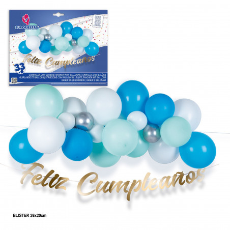 Set di 33 palloni blu e bianchi con ghirlanda di buon compleanno oro.