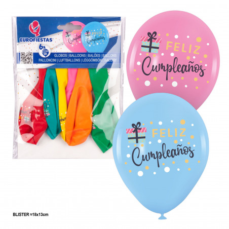 Globos 6 stampati colori felice compleanno con pois