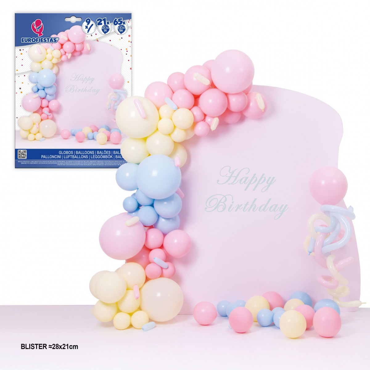 Set organico di palloncini pastello con colonna di palloncini.