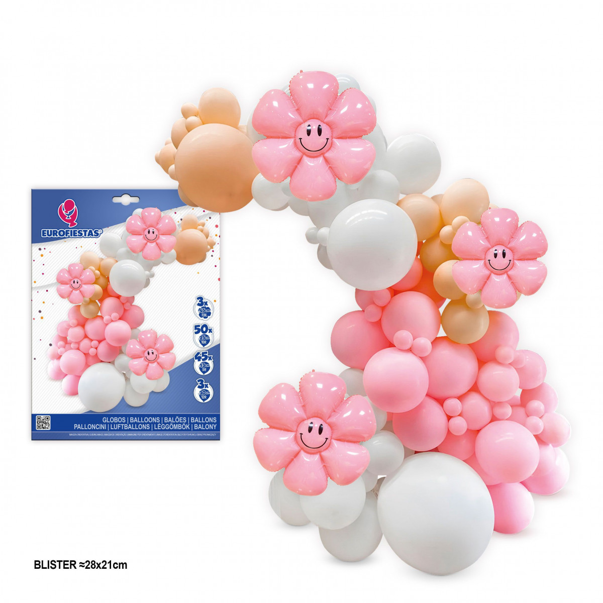 Set organico palloncini pastello e retro con fiori smile.