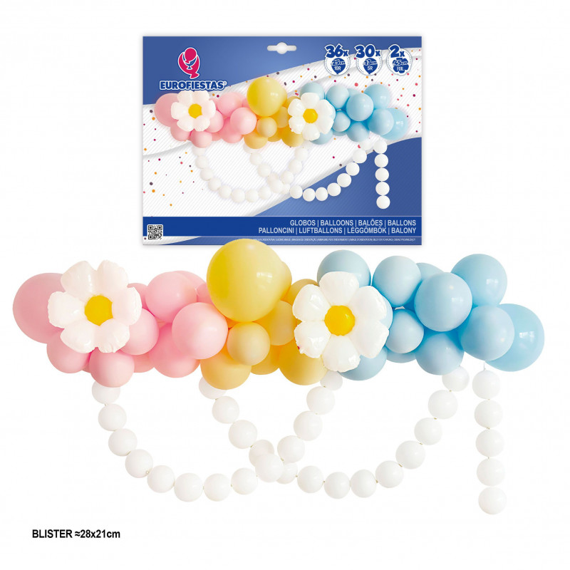 Set organico palloncini pastello e margherite con catena di palloncini.