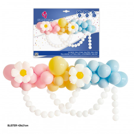 Set organico palloncini pastello e margherite con catena di palloncini.