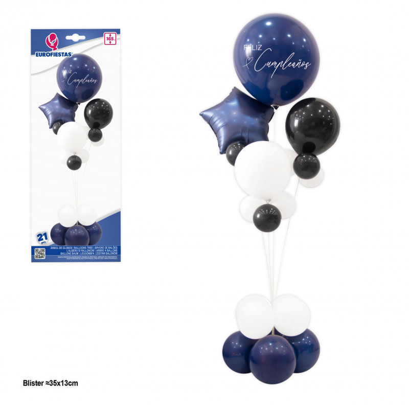 Albero di palloni felice compleanno con stella blu marino.