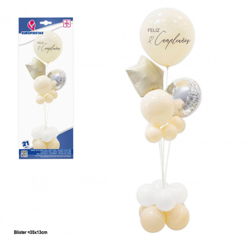 Albero di palloncini felice compleanno con stella beige