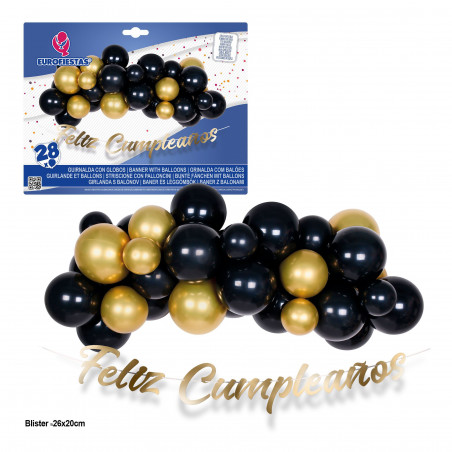 Set di palloncini 28 pezzi nero e oro con ghirlanda buon compleanno oro.
