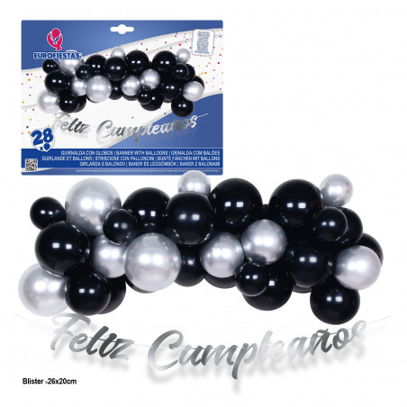 Set nuvola di palloni 28 pezzi nero e argento con ghirlanda felice compleanno argento.