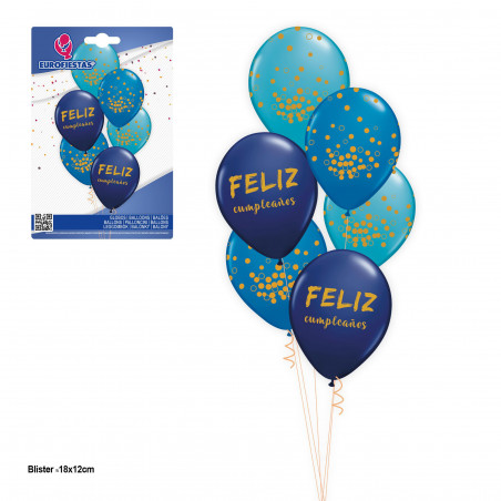 Set 6pz palloncini blu vari stampati buon compleanno oro