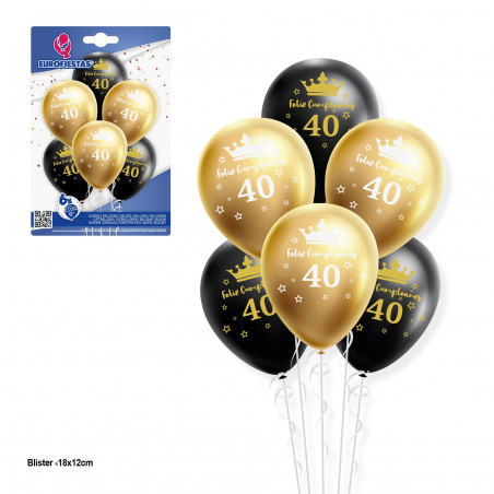 Set palloncini 12r 6pz oro e nero buon compleanno 40