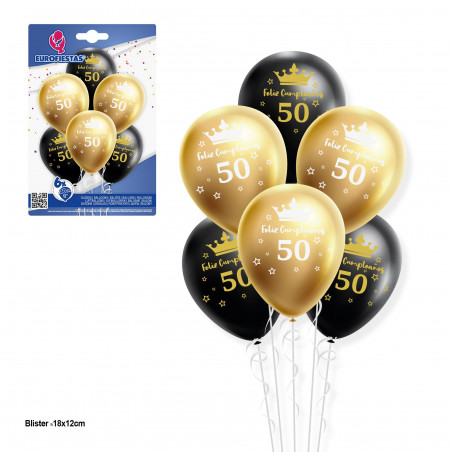 Set palloncini 12r 6pz oro e nero buon compleanno 50