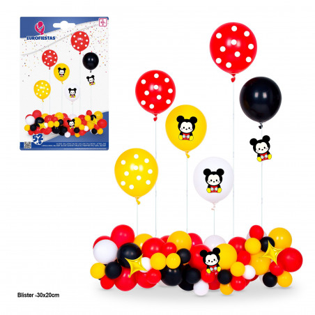 Set di 52 palloncini topolino rosso, giallo e nero, 6 supporti max 125 cm.