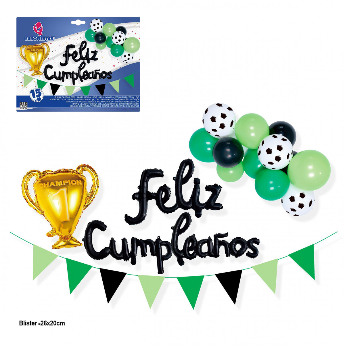 Set di 15 palloni felice compleanno calcio coppa nuvola e festone di bandierine.