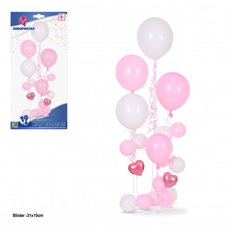 Set di 19 palloncini rosa e bianchi, 5 supporti max 80cm.