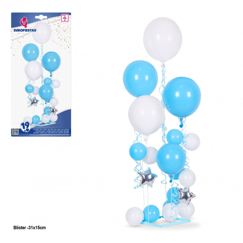 Set di 19 palloni blu e bianchi, 5 supporti max 80 cm.