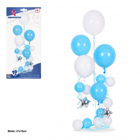 Set di 19 palloni blu e bianchi, 5 supporti max 80 cm.