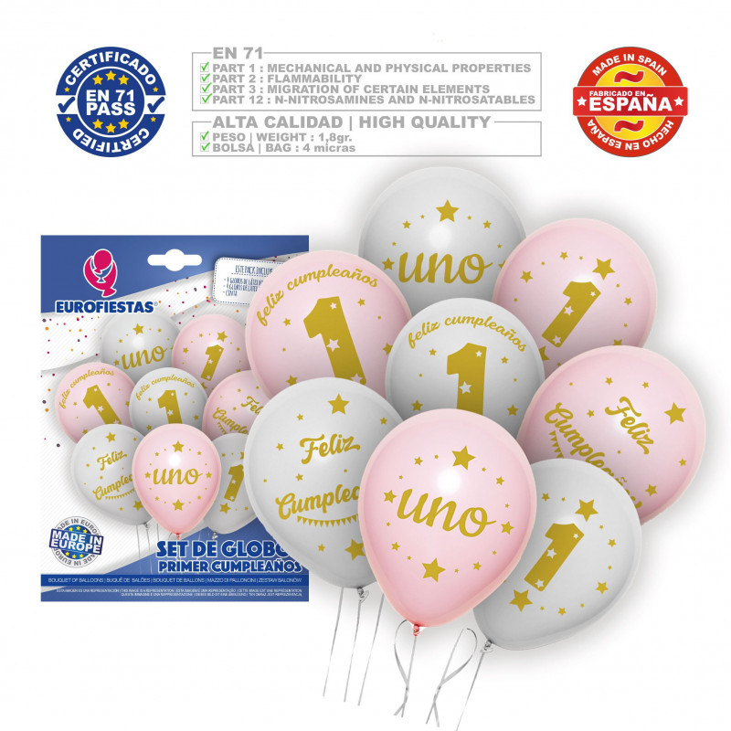 Set palloncini primo compleanno rosa e bianco