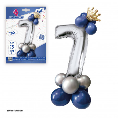 Set globo foil corona 80cm 7 argento blu