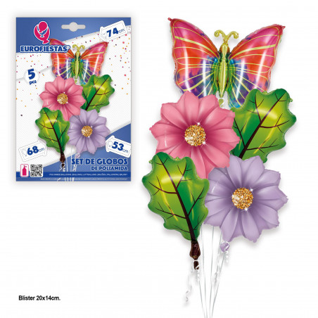 Set fiori foglie e palloncini farfalla