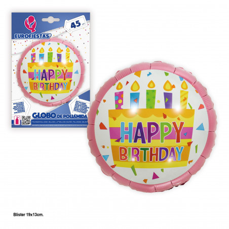 Palloncino foil 45cm tondo torta buon compleanno rosa