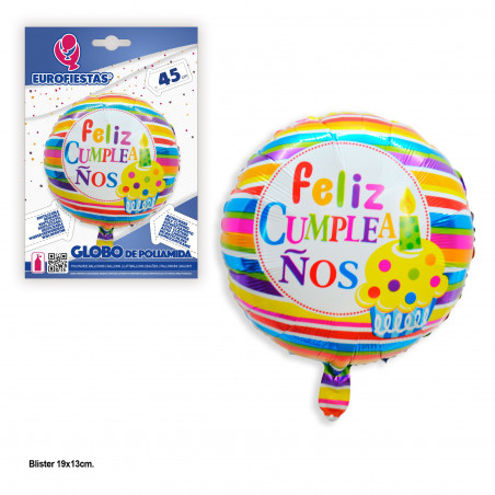 Pallone olografico rotondo strisce colori buon compleanno