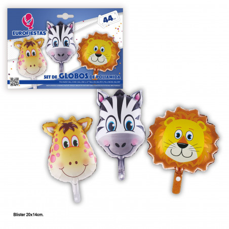Set palloncini foil giraffa, zebra e leone 44 cm.