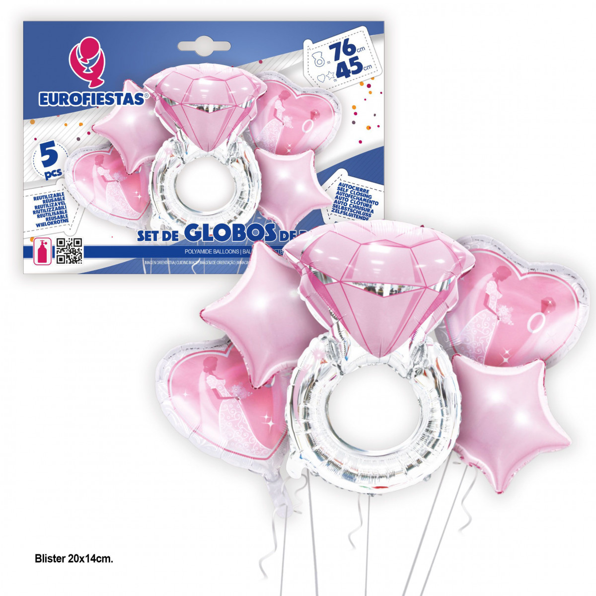 Set palloncini foil anello diamante argento e rosa 76 cm