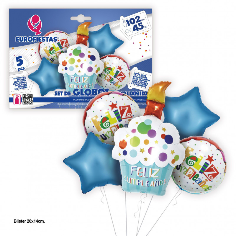 Set palloncini foil pastello felice compleanno blu con cerchi e stelle 102 cm