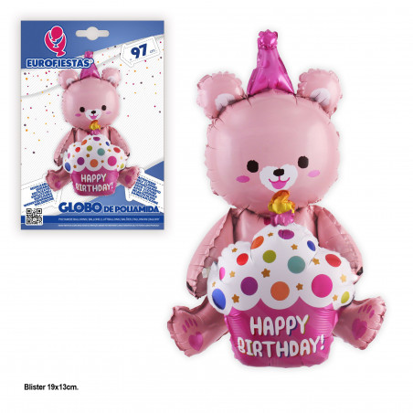 Globo foil orso 97cm felice compleanno rosa