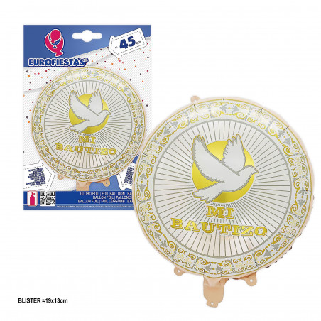Globo foil rotondo mia battesimo bianco colomba 45cm