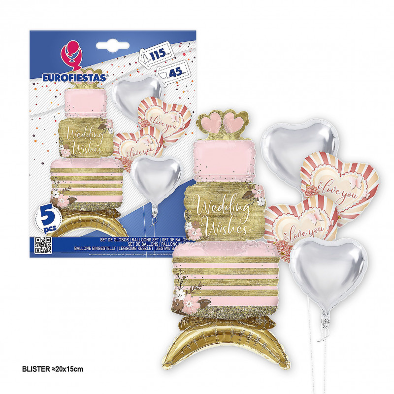 Set palloncini foil auguri di matrimonio torta e cuori ti amo