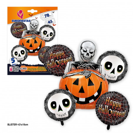 Set di palloncini in foil Happy Halloween, zucca e scheletro, 5 pezzi